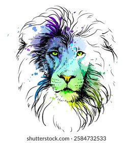 Leo. Abstract, graphic portrait of a lion in watercolor style.