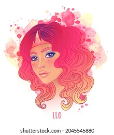 Leo astrological sign as a beautiful girl. Vector illustration over watercolor background isolated on white. Future telling, horoscope. Fashion woman zodiac set. 