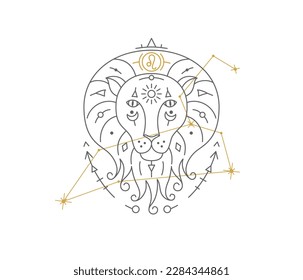 Leo astrological symbol with Zodiac constellation, connected stars. Lion astrology horoscope sign and stars on white background thin line vector illustration
