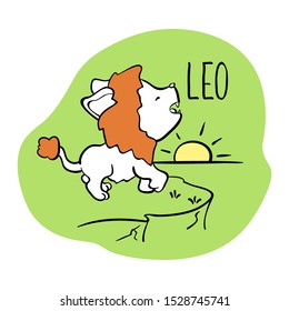 Leo Astrological Zodiac sign with cute cat character. Cat zodiac icon. Kitten Leo sticker. Baby shower or birthday greeting card. Astrological horoscope element. Leo icon or logo isolated