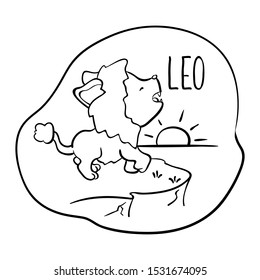 Leo astrological zodiac sign with cute cat character. Leo vector illustration on white background. Astrological sign black line drawing. Cute Leo cat coloring page. Zodiac character symbol