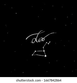 Leo. Astrology lettering collection zodiac sign with Constellation Stars  Leo horoscope sign, symbol, zodiac sign. Hand drawn vector illustration on starry sky background with "Leo" lettering 