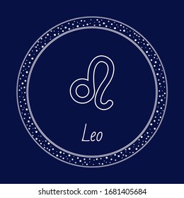 Leo astrology zodiac sign isolated on blue in circle with stars. Vector leo constellation on dark sky. Prediction of fortune, astrological outline sign, illustration of Lion horoscope symbol