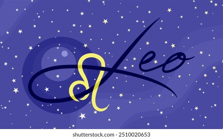 Leo. Bela inscrição. Sinal zodíaco. Em um fundo estrelado azul escuro. Conceito de astrologia e horóscopos. Ilustração vetorial.