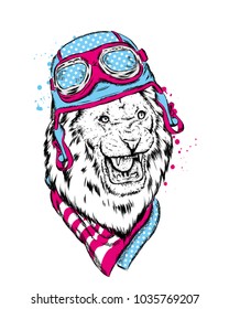 Leo biker helmet . The driver or pilot . Vector illustration for prints , cards or posters .
