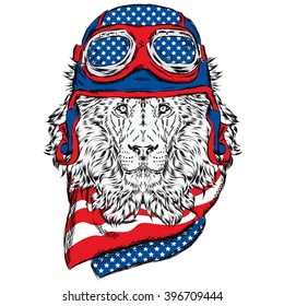 Leo biker helmet . The driver or pilot . Vector illustration for prints , cards or posters .
