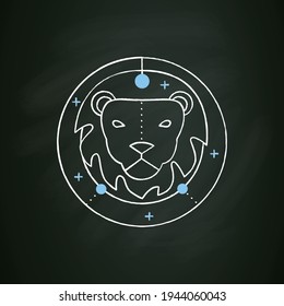 Leo chalk icon. Fifth fire sign in zodiac. Lion birth symbol. Mystic horoscope sign. Astrological science concept. Isolated vector illustration on chalkboard