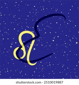 Leão em combinação com a letra E. signo zodíaco. Em um fundo estrelado azul escuro. Conceito de astrologia e horóscopos. Ilustração vetorial.