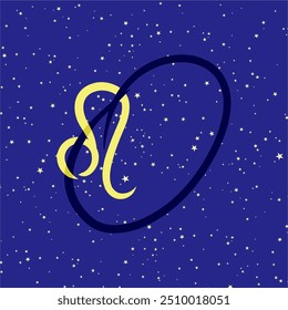 Leão em combinação com a letra O. signo zodíaco. Em um fundo estrelado azul escuro. Conceito de astrologia e horóscopos. Ilustração vetorial.