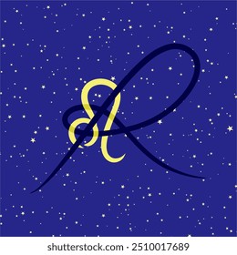 Leão em combinação com a letra R. signo zodíaco. Em um fundo estrelado azul escuro. Conceito de astrologia e horóscopos. Ilustração vetorial.