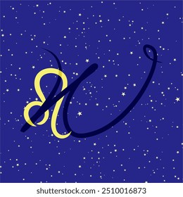 Leo em combinação com a letra W. Zodiac sinal. Em um fundo estrelado azul escuro. Conceito de astrologia e horóscopos. Ilustração vetorial.