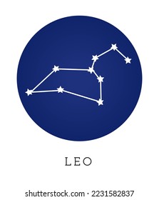 Leo constellation astrology sign vector illustration. Leo eastern horoscope sign white stars on dark blue night sky universe. Astrology prediction mystic tarot cart design element.