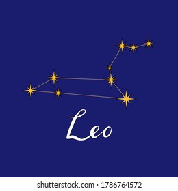 Ilustración del vector de astrología de la constelación de Leo con inscripción de letras a mano. Símbolos del horóscopo hechos de estrellas amarillas y líneas aisladas en un fondo azul oscuro. 