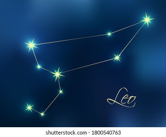 Leo constellation astrology vector illustration. Stars in dark blue night sky. Leo zodiac constellations sign horoscope symbol made of gold star sparkles and lines.