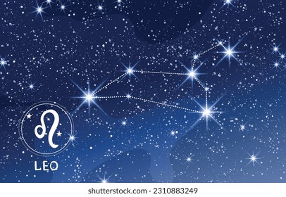 Leo constellation in the blue night sky, zodiac sign, modern astrology banner for horoscope, astronomy map, mystical vector illustration. Esoteric card.