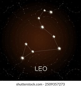 A constelação de Leão brilhando contra um céu estrelado escuro, ideal para projetos com temática celeste, astrologia e zodíaco.