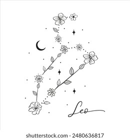 Leo constellation with Hand drawn doodle flowers, leaves, florals, stars. Vector art, graphic illustration clipart.
This illustration is a beautiful, creative representation of the Leo constellation