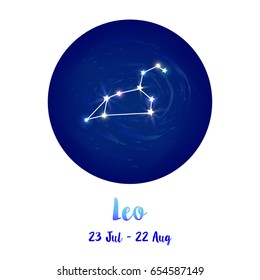 Leo constellation icon of zodiac sign Leo in cosmic stars space. Blue starry night sky inside circle background. Galaxy space vector design for horoscope icon, cards, posters, shirts, fortune telling.