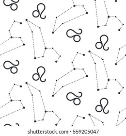 Leo constellation seamless vector pattern. Zodiac symbol black and white background.