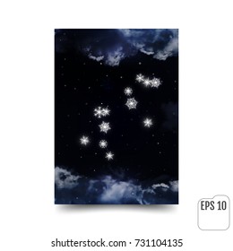 Leo Constellation of snowflakes. Zodiac Sign Lion constellation lines. The constellation is seen through the clouds and snowfall in the night sky. Vector