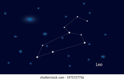 Leo constellation. Starry sky. Dark blue space background. Bright shining stars. Zodiac constellations. Zodiac sign. Vector illustration.