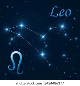 Leo constellation with stars, zodiac sign on starry sky. Astronomy, astrology, horoscope. Science banner. Cosmos, outer space. Fifth zodiac sign - the ruler planet Sun. Vector illustration
