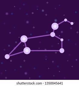 Leo constellation vector illustration. Flat styled lion zodiac constellation on starry space background. Perfect for articles illustrations, greeting cards, printing.