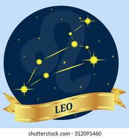 LEO. Constellation and zodiac sign in the blue circle. Gold ribbon. Vector Image.
