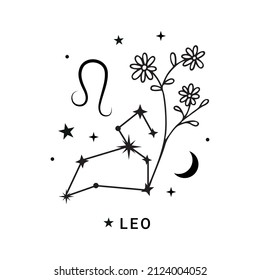 Leo-Sternbild-Tierzeichen mit Blume, Mond und Sternen