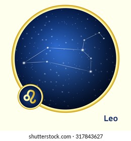 Leo constellation zodiac sign in golden circle at starry night sky 