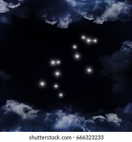 Leo Constellation. Zodiac Sign Leo. The constellation is seen through the clouds in the night sky. Vector