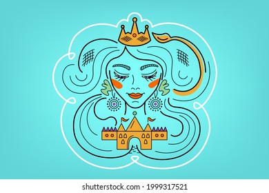 Leo constellation, zodiac sign, vector illustration of girl with imposter syndrome, woman dreaming about crown of queen, princess looks on castle, home, doubts herself. 