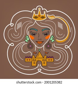 Leo constellation, zodiac sign, vector illustration of brown girl with imposter syndrome, woman dreaming about crown of queen, princess looks on castle, home, doubts herself. 