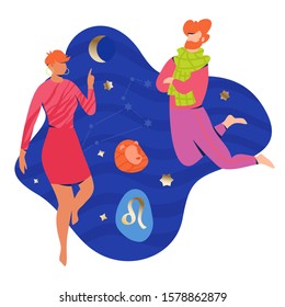 Leo couple zodiac and horoscope concept. Modern vector art with young couple. Illustration for horoscope and astrology apps, dating websites, astrology predictions.