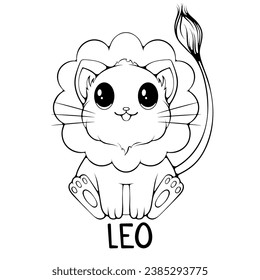 Leo cute cartoon astrology sign of the zodiac cat. Character in kawaii style. Vector illustrations in hand drawn sketch style isolated on white. Black outline graphic. Funny cat horoscope