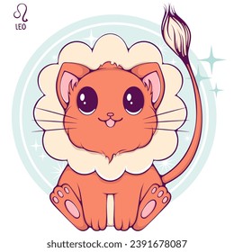 Leo cute cartoon astrology sign of the zodiac cat. Pet character in kawaii style. Vector illustrations in hand drawn flat style on round background. Funny cat horoscope