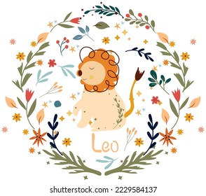 Leo. Cute Zodiac in a colorful wreath of leaves, flowers and stars around. Cute Leo perfect for posters, logo, cards. Astrological Leo zodiac. Vector illustration.