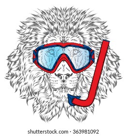 Leo diving mask . Vector lion . Summer and holidays . Swimmer.
