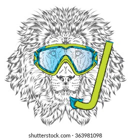 Leo diving mask . Vector lion . Summer and holidays . Swimmer.
