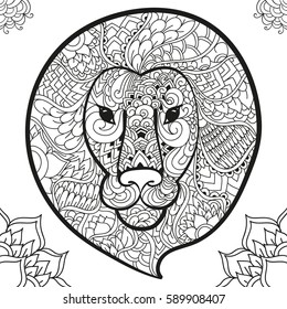 Leo in doodle style. Coloring page anti-stress for adults and children. Animals Zen.