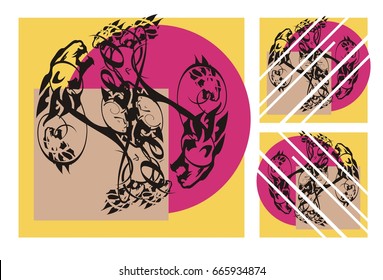 Leo elements composition. The twirled lines formed by the growling lion's heads on a color background. It is possible to use as a triptych or separately
