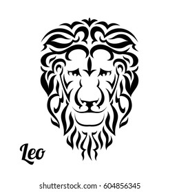Leo in flat tribal style. Black lion on white background.