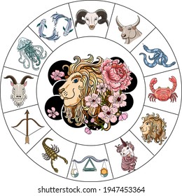 Leo   flower Astrology design horoscope circle and signs zodiac set vector signs such as aries  taurus  gemini  cancer  leo  virgo  libra  scorpio  sagittarius  capricorn aquarius  pisces 