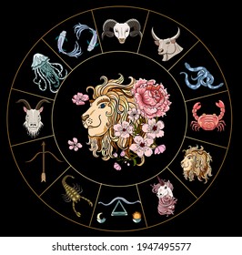 Leo   flower Astrology design horoscope circle and signs zodiac set vector signs such as aries  taurus  gemini  cancer  leo  virgo  libra  scorpio  sagittarius  capricorn aquarius  pisces 