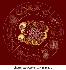 Leo and flower of Astrology design.horoscope circle with signs of zodiac set vector.signs such as a aries, taurus, gemini, cancer, leo, virgo, libra, scorpio, sagittarius, capricorn,aquarius, pisces.