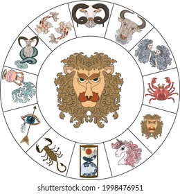 Leo and flower of Astrology design.horoscope circle with signs of zodiac set vector.signs such as a aries, taurus, gemini, cancer, leo, virgo, libra, scorpio, sagittarius, capricorn,aquarius, pisces.
