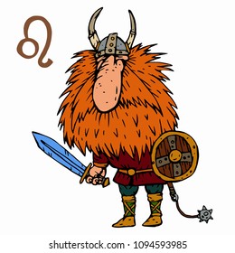 Leo. Funny Viking zodiac sign, horoscope symbol . Vector illustration cartoon style character. Isolated object