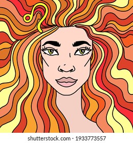 Leo girl portrait with red and yellow hair. Zodiac sign. Vector illustration.