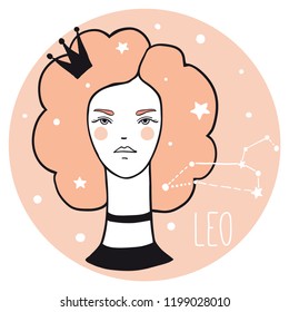 Leo girl. Sketch style woman with zodiac sign. 