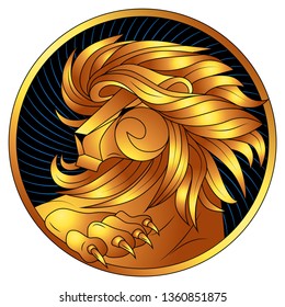 Leo golden zodiac sign, astrological icon, horoscope symbol of gold. Lion with gilded mane and claws. Head in profile, looking away. Raised Up Paw with gilt sharp claws. Portrait lev in circle. Vector